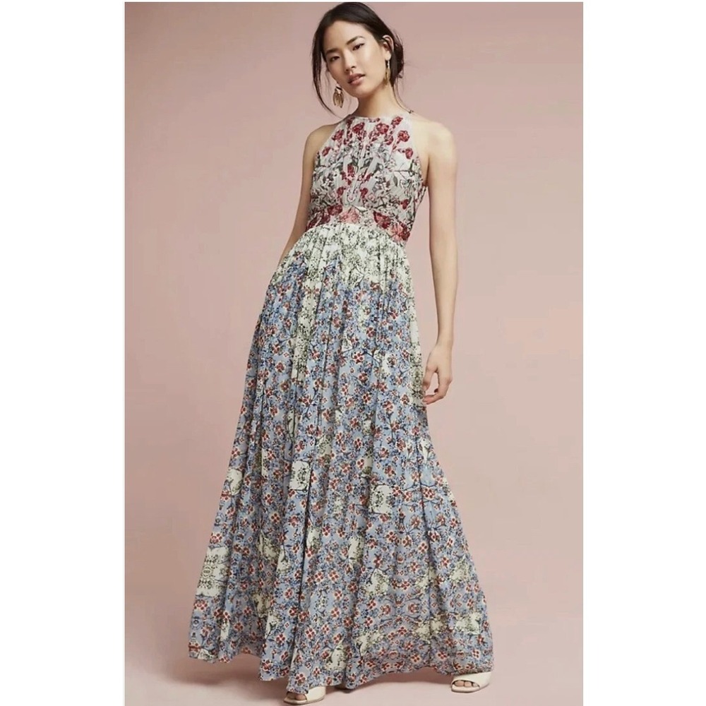Anthropologie Bhanuni Jyoti Blue Floral Halter Maxi Dress size 10